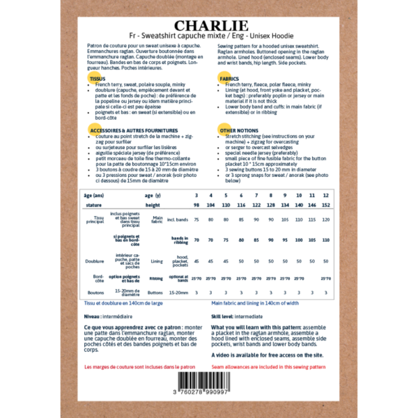 IKATEE - Pochette patron de couture CHARLIE  Sweat capuche 3-12A – Image 3