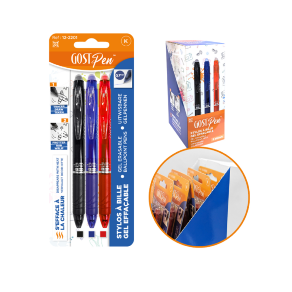 GostPen - Stylos à bille gel effaçable (bleu-rouge-noir)